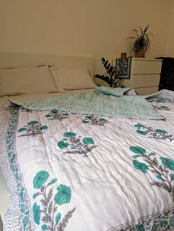 Handmade single Quilt Blanket with turquoise flower design hand block printed on pure cotton perfect for the couch or single bed