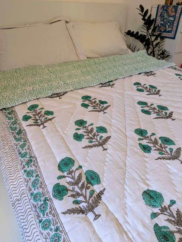 Handmade single Quilt Blanket with turquoise flower design hand block printed on pure cotton perfect for the couch or single bed