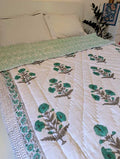 Handmade single Quilt Blanket with turquoise flower design hand block printed on pure cotton perfect for the couch or single bed