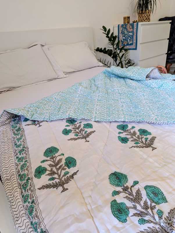 Handmade single Quilt Blanket with turquoise flower design hand block printed on pure cotton perfect for the couch or single bed