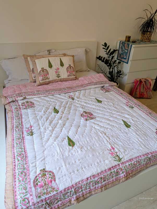 Handmade Double Quilt from Jaipur with peacock and flower design in pink color and two matching pillow cases hand block printed pure cotton perfect for queen or king size beds