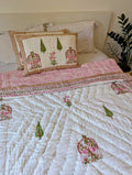 Handmade Double Quilt from Jaipur with peacock and flower design in pink color and two matching pillow cases hand block printed pure cotton perfect for queen or king size beds