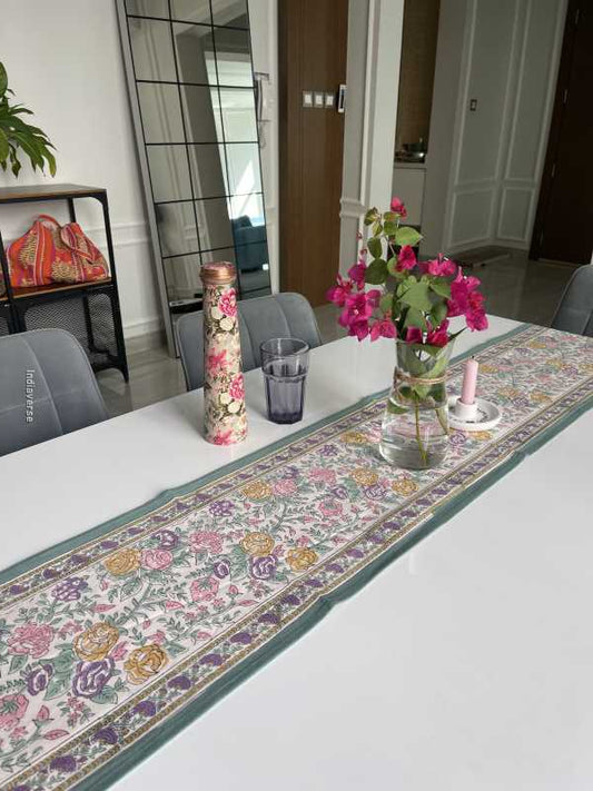 green purple floral handblock printed design table runner in pure cotton