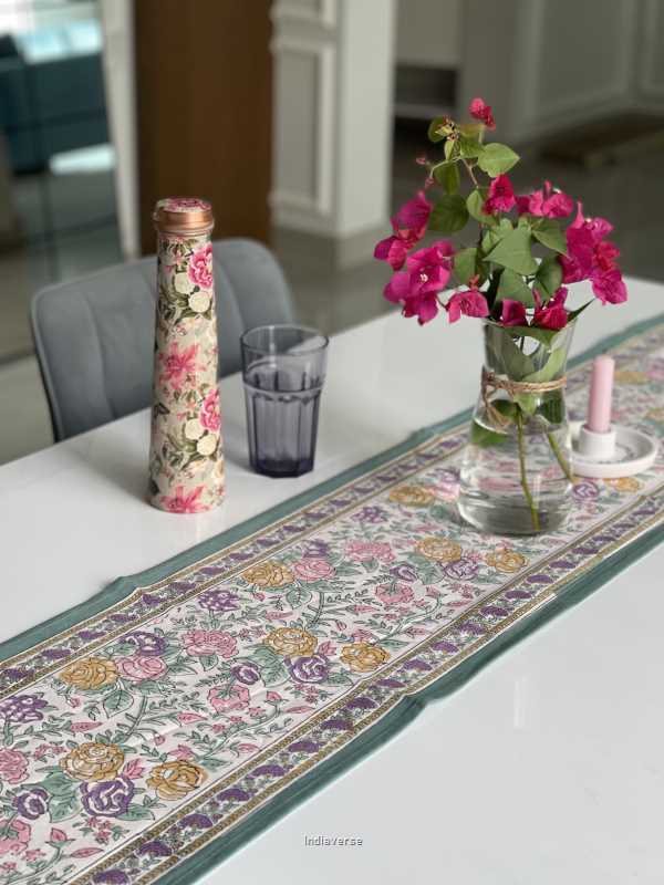 green purple floral handblock printed design table runner in pure cotton