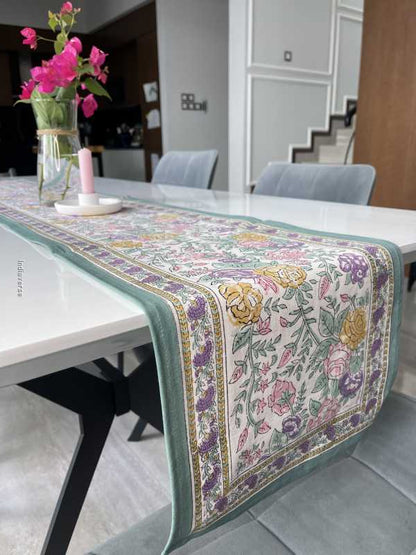 green purple floral handblock printed design table runner in pure cotton