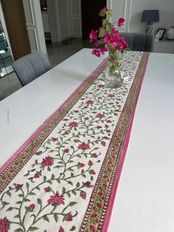 pink floral hand block printed design table runner in pure cotton