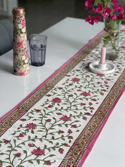 pink floral handblock printed design table runner in pure cotton