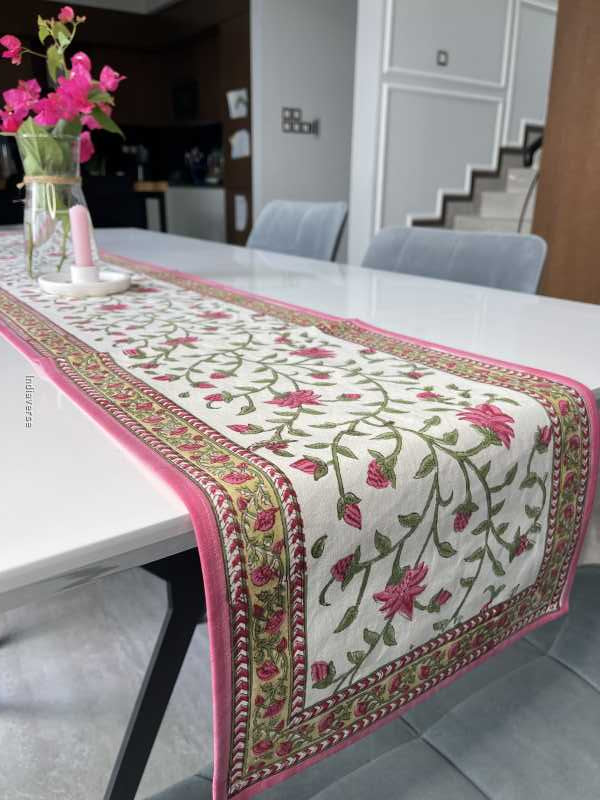 pink floral handblock printed design table runner in pure cotton