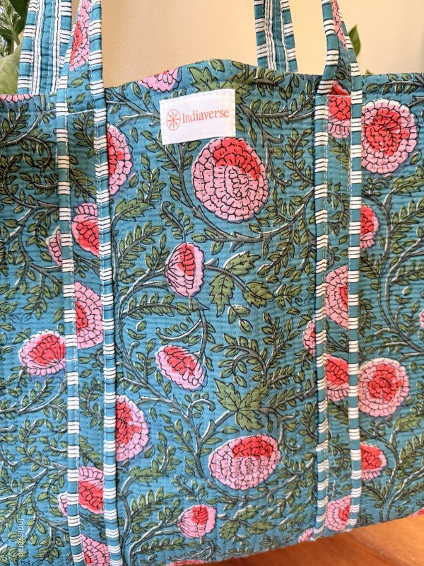 quilted cotton tote bag with pink poppy design 