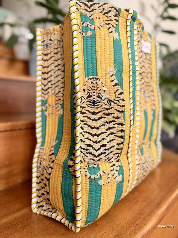 quilted tote bag view from the side showing a tiger on yellow and green