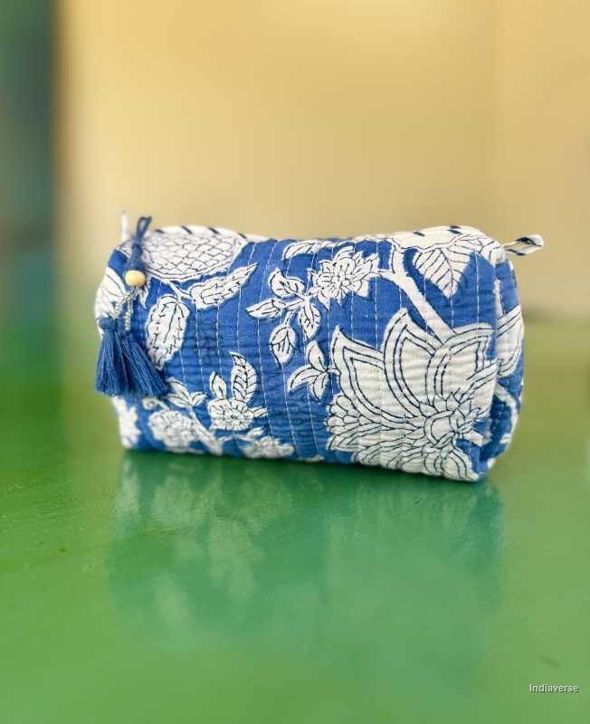 Blue hand block printed medium size toiletry bag for all your travel essentials, leak-proof and washable perfect to gift | Blue Dream