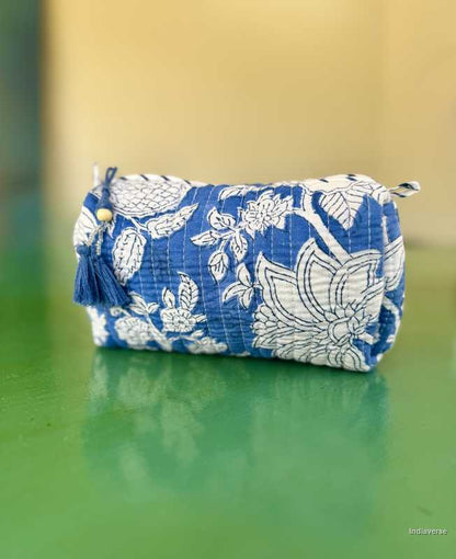 Blue hand block printed medium size toiletry bag for all your travel essentials, leak-proof and washable perfect to gift | Blue Dream