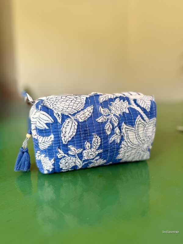 Blue hand block printed medium size toiletry bag for all your travel essentials, leak-proof and washable perfect to gift | Blue Dream