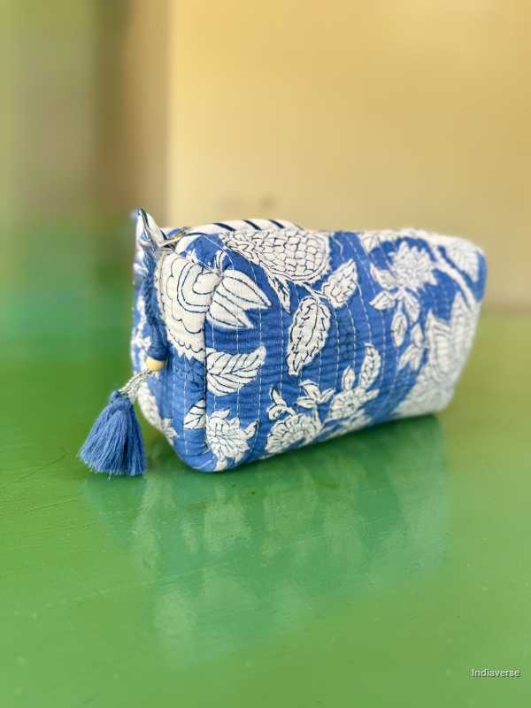 Blue hand block printed medium size toiletry bag for all your travel essentials, leak-proof and washable perfect to gift | Blue Dream