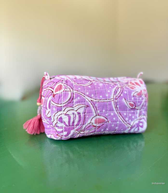 Pink hand block printed medium size toiletry bag for all your travel essentials, leak-proof and washable perfect to gift | Pink Dream