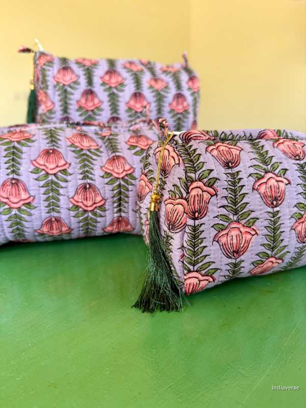 Toiletry Pouch Set with pink lotus flower design and purple color for toiletries and cosmetics in three sizes small, medium and large | Lotus Flowers