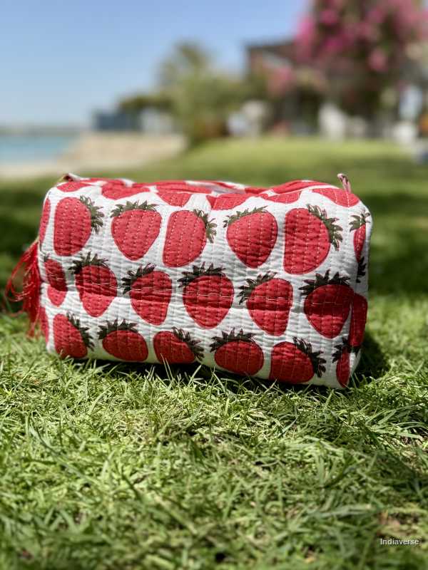 Toiletry Pouch Set with red strawberry design for toiletries and cosmetics in three sizes small, medium and large | Red Strawberry