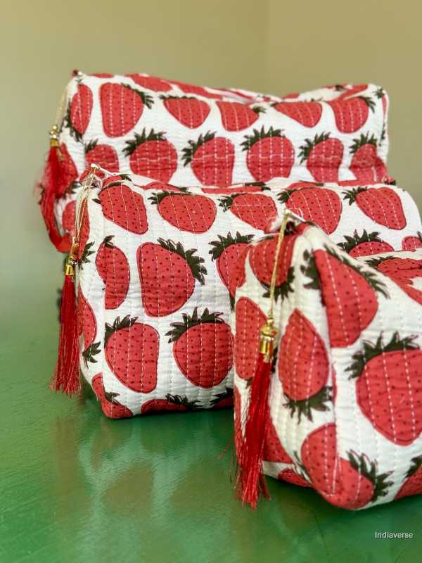 Toiletry Pouch Set with red strawberry design for toiletries and cosmetics in three sizes small, medium and large | Red Strawberry