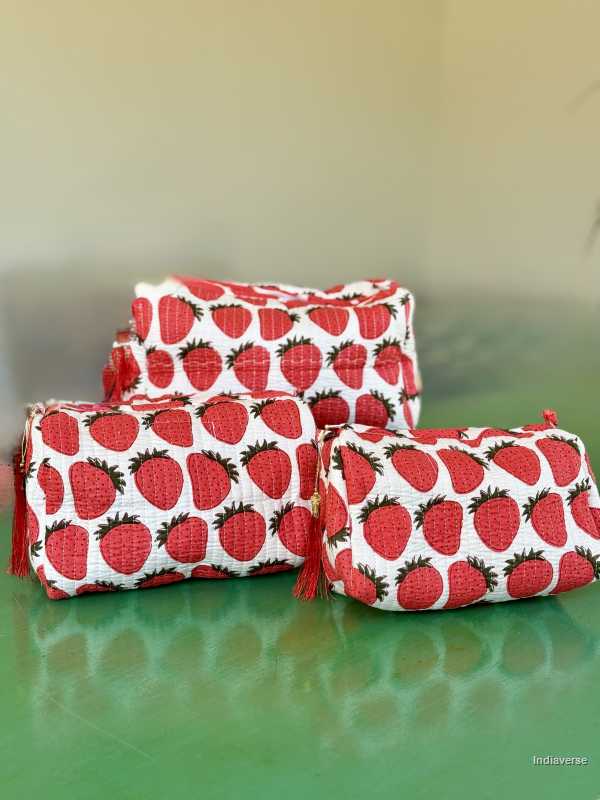 Toiletry Pouch Set with red strawberry design for toiletries and cosmetics in three sizes small, medium and large | Red Strawberry