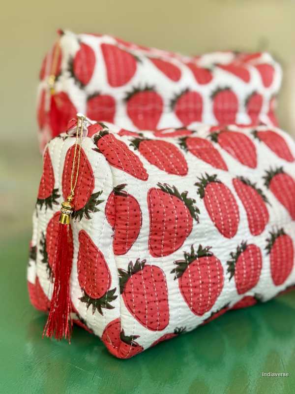 Toiletry Pouch Set with red strawberry design for toiletries and cosmetics in three sizes small, medium and large | Red Strawberry