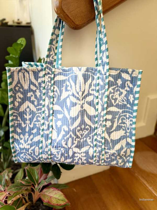 Extra large cotton tote bag with blue and white design perfect for carrying to the beach and shopping