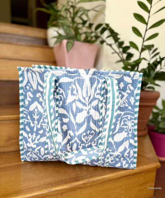 Extra large cotton tote bag with blue and white design perfect for carrying to the beach and shopping