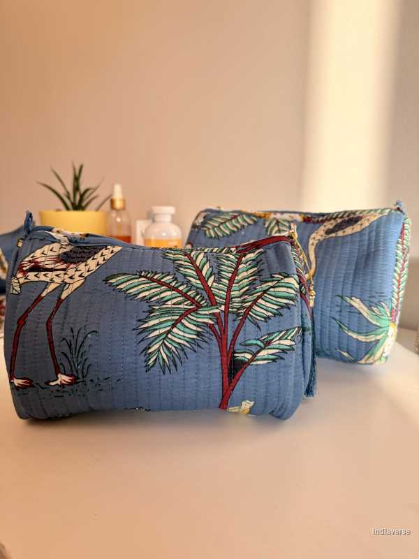 set of three blue pouches with animal theme print | Tropical Jungle
