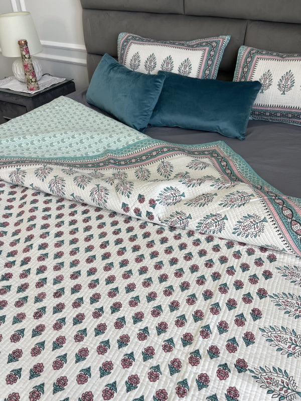 Turquoise rose Rajasthani Comforter for queen and king size beds in pure cotton with 2 matching quilted pillow cases