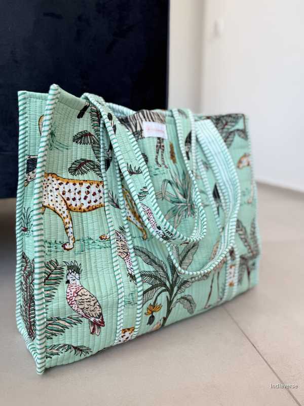 Tote bag with animal print design on a light surface