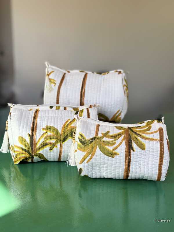 Toiletry Pouch Set with Palm design and pink color for toiletries and cosmetics in three sizes small, medium and large | White Palm