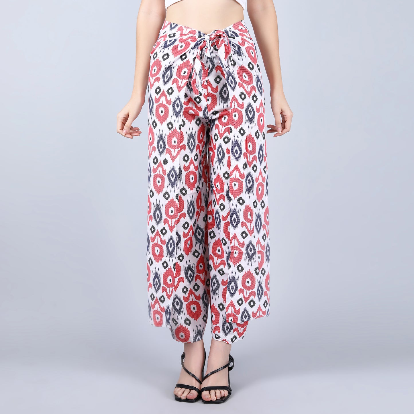 rayon-cotton-wrap-pants-for-tying-around-the-waist-with-Indian-inspired-red-and-blue-ikat-pattern