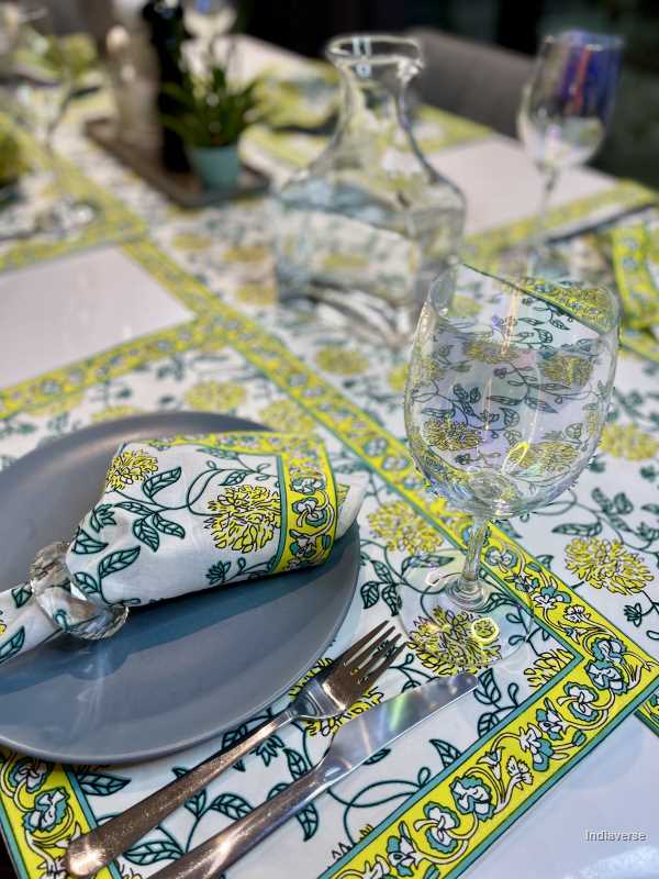 placemat napkin and runner set for 6 people dining table with hand block printed bright yellow flower design