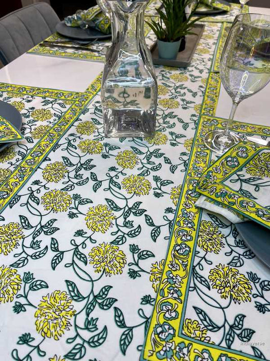 placemat napkin and runner set for 6 people dining table with hand block printed bright yellow flower design