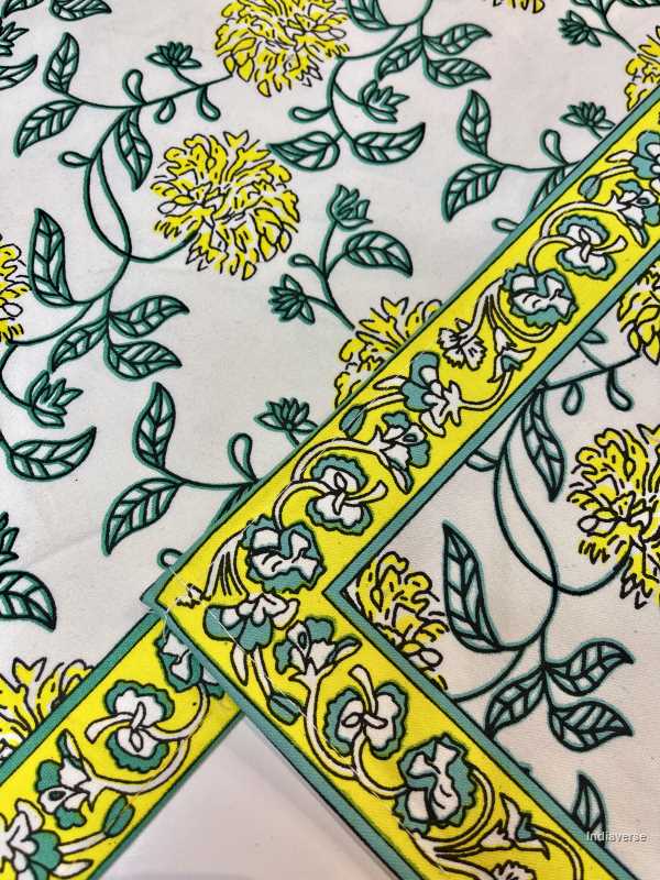 placemat napkin and runner set for 6 people dining table with hand block printed bright yellow flower design