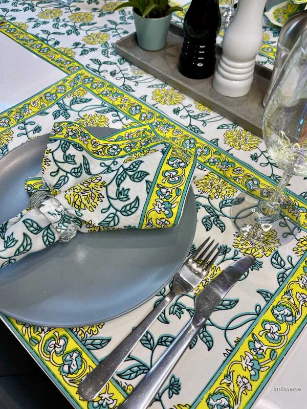 placemat napkin and runner set for 6 people dining table with hand block printed bright yellow flower design