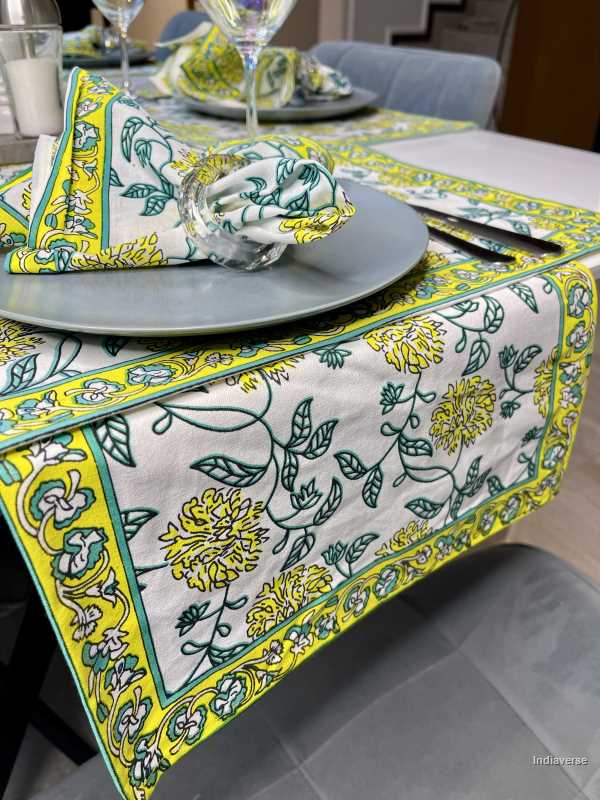 placemat napkin and runner set for 6 people dining table with hand block printed bright yellow flower design