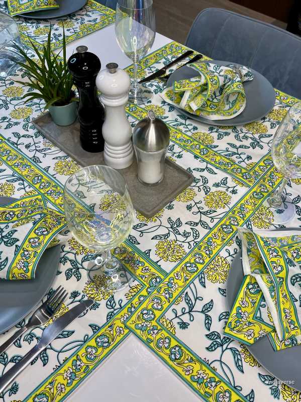 placemat napkin and runner set for 6 people dining table with hand block printed bright yellow flower design