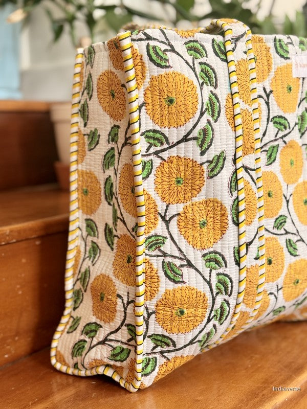 tote bag view from the side sitting on a wooden surface