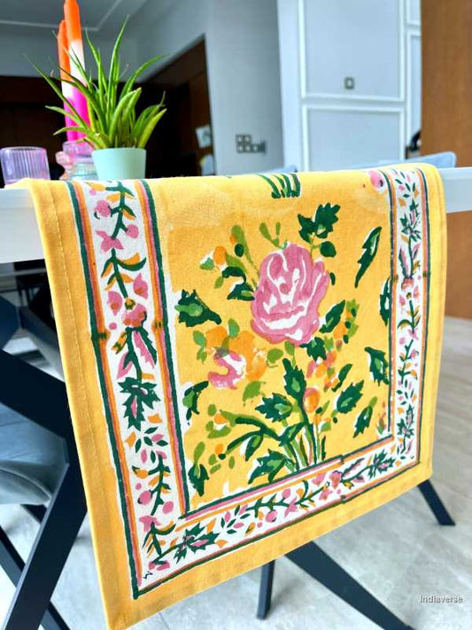 yellow runner with pink roses for table and home decor