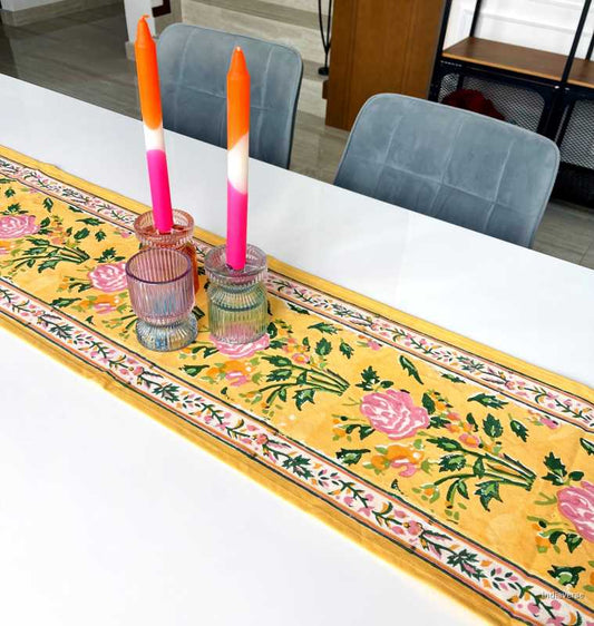 yellow runner with pink roses for table and home decor