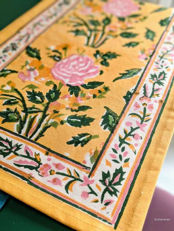 yellow and rose color hand block printed table runner made from cotton canvas 